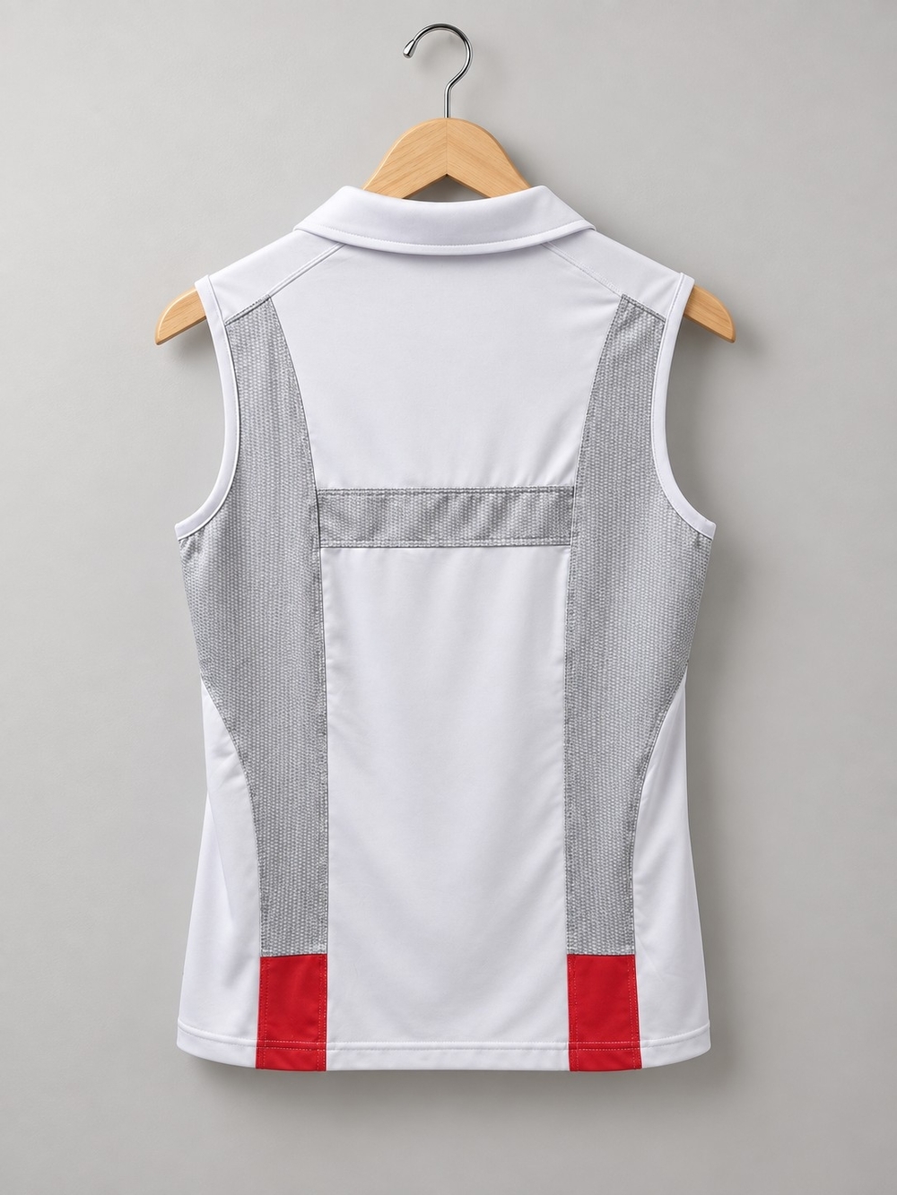 Women's White Sleeveless Polo Tank with Gray Mesh Panels and Orange Accents
